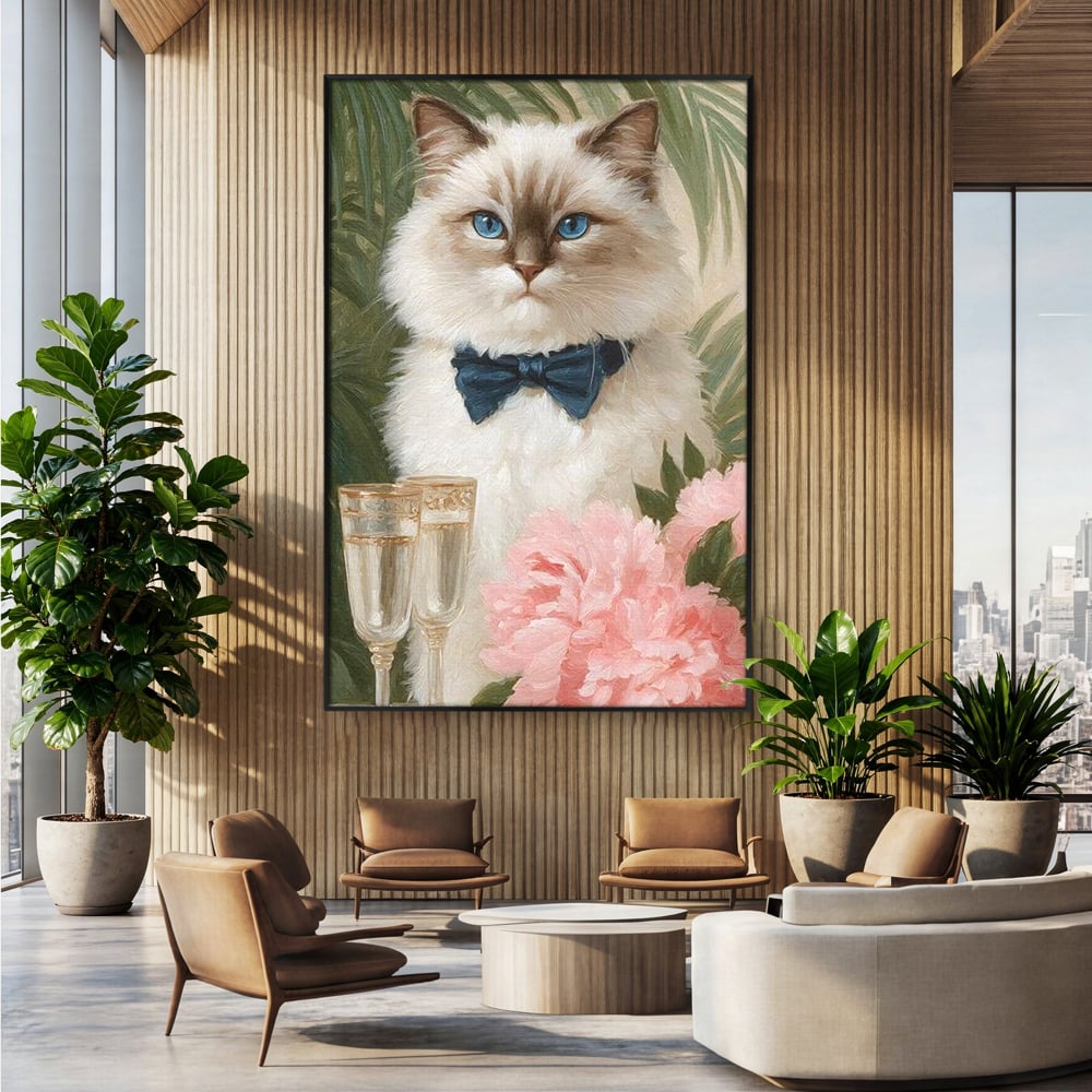 Tablou canvas cu tablou canvas cu motan elegant, in rama de aluminiu negru, pe perete intr-un birou